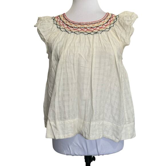 THE GREAT. Tops - The Great Top Cap Sleeve Blouse Cream Off White Embroidered Size 1 - Small